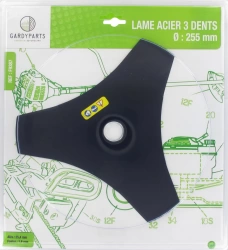 Lame acier 3 dents évidées pour débroussailleuse, dimensions coupe: 255mm