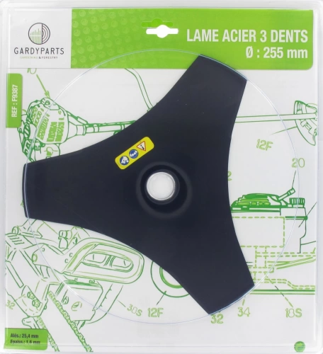 Lame acier 3 dents évidées pour débroussailleuse, dimensions coupe: 255mm