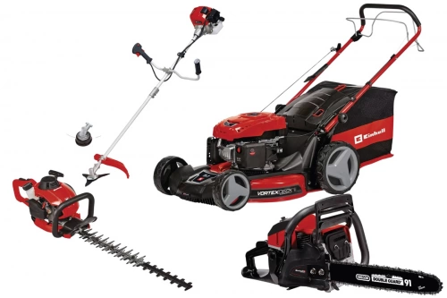 Kit thermique jardin Einhell – Tondeuse 56 cm, débroussailleuse, taille-haie, tronçonneuse